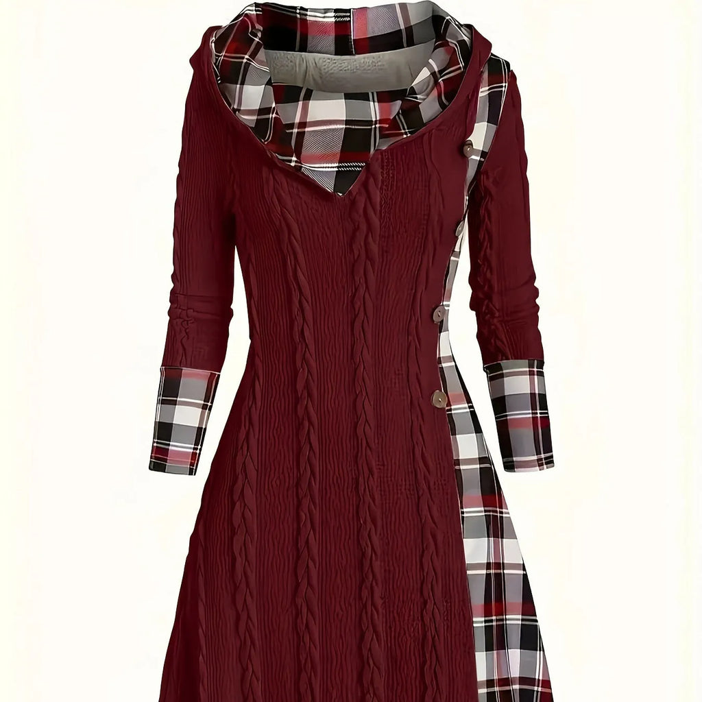Women's hooded sunken stripe sweater pullover dress in solid colour with A-line mid waist and long sleeves