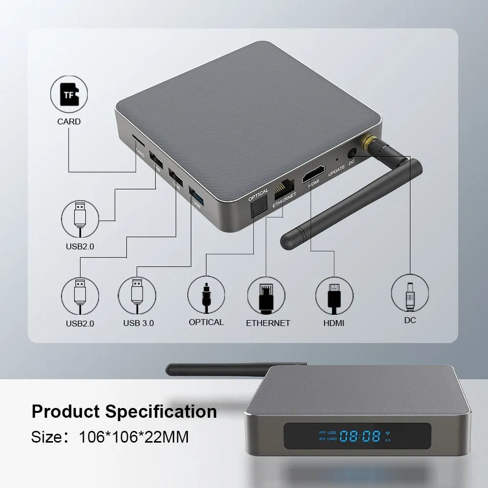 Black Android TV set-top box with remote control on a white background