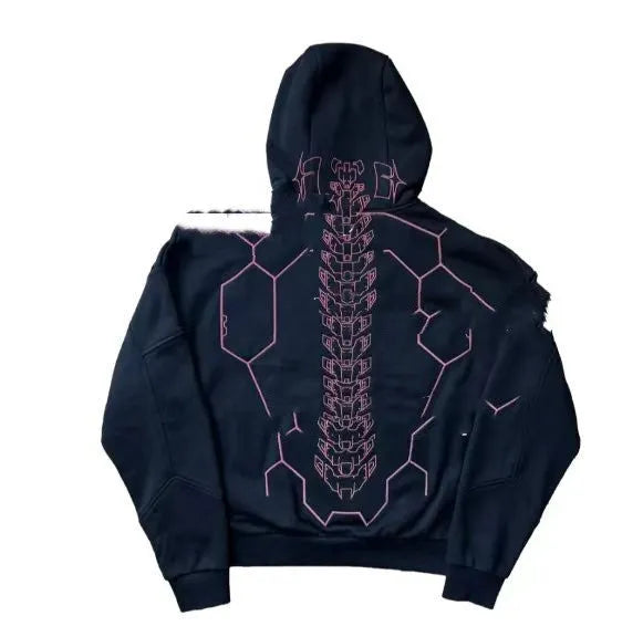 Fashion printed long sleeve sports and leisure sweater in black, loose fit, with dimensional patch pocket for men and teenagers