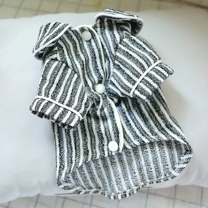 Striped cotton and linen two-legged pet pajamas for dogs and cats in pink, blue, or black and white, sizes XS to XL