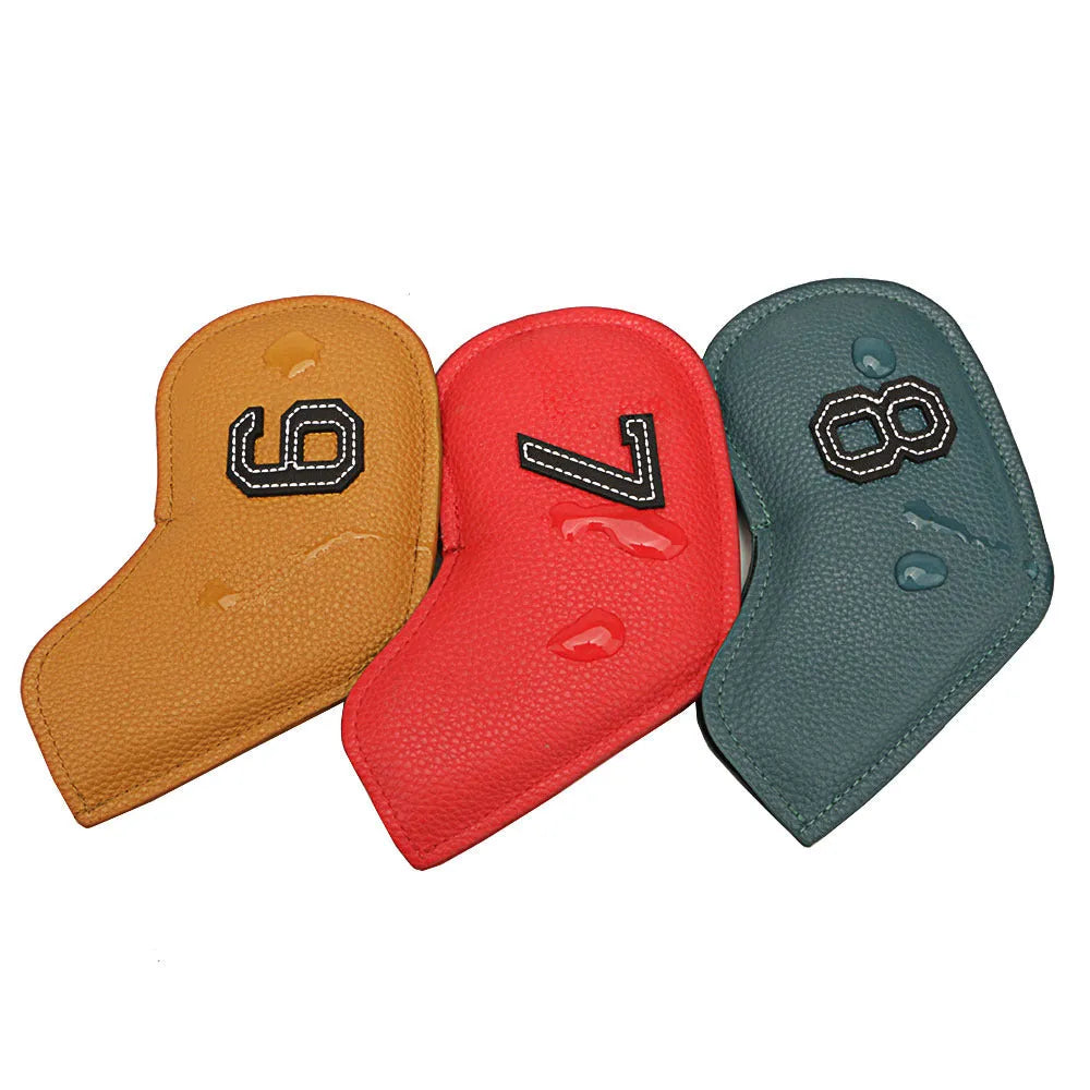 Set of 10 minimally digital printed golf club head covers in multiple colours for sports protection