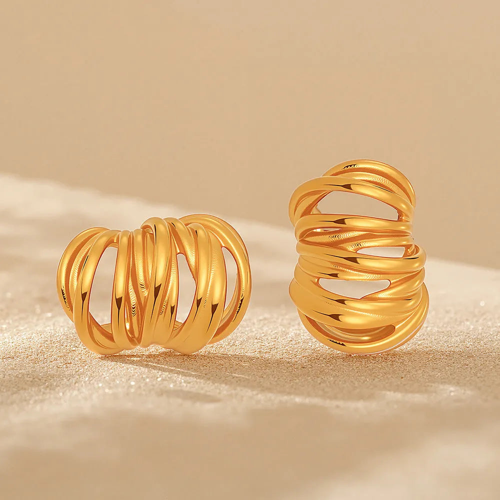 Heavy Industry Casting C-type ear studs multi-layer lines stainless steel geometric pumpkin shape electroplated gold finish