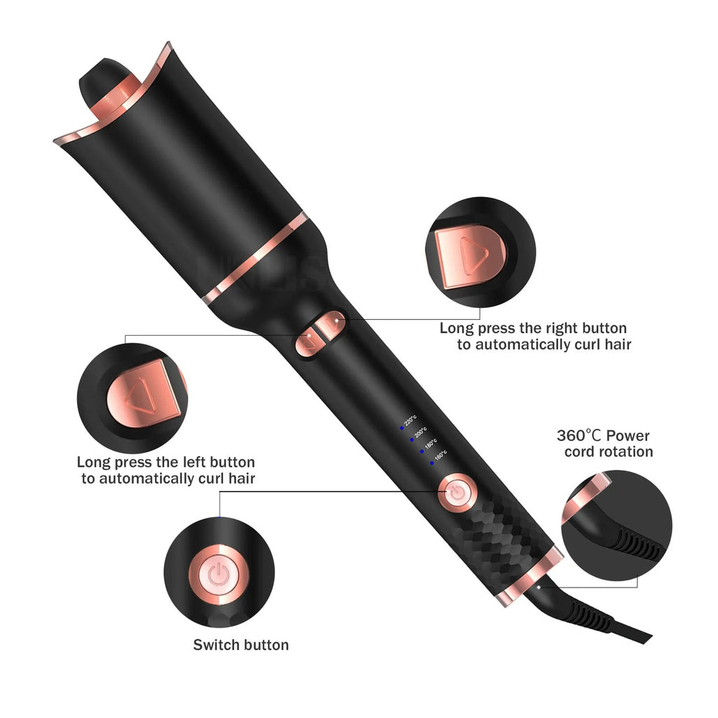 Black automatic hair curler with negative ion technology and tourmaline ceramic barrel 16mm-20mm