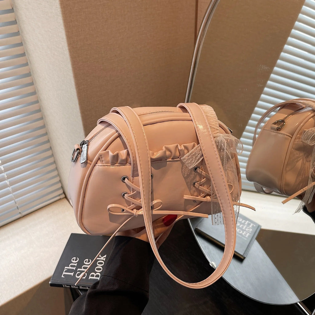 Women's PU leather bandage bow handbag shoulder bag with phone pouch in milky white colour
