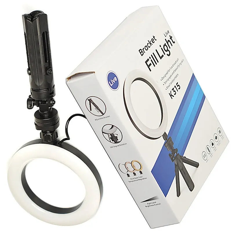 Black mobile live streaming bracket with adjustable colour fill light mounted on desktop tripod