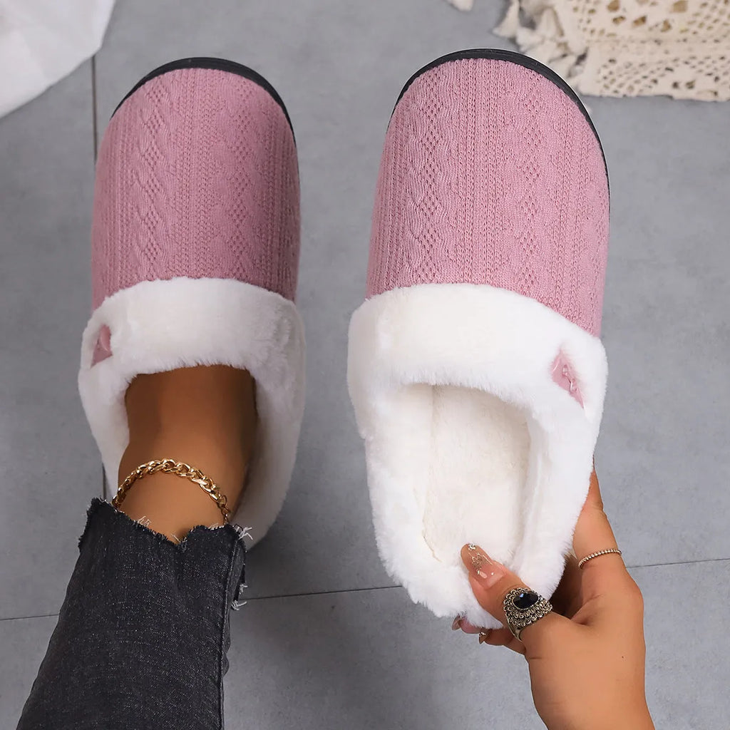 Winter cotton slippers with non-slip rubber sole, flat round toe and artificial hair lining, in five colours