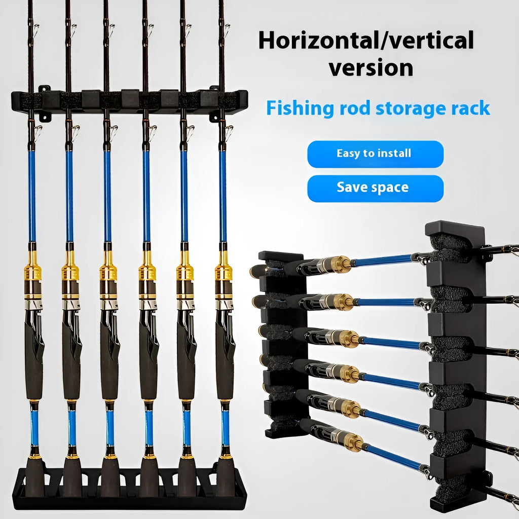 Black ABS plastic wall-mounted fishing rod storage rack with upright and horizontal mounting options