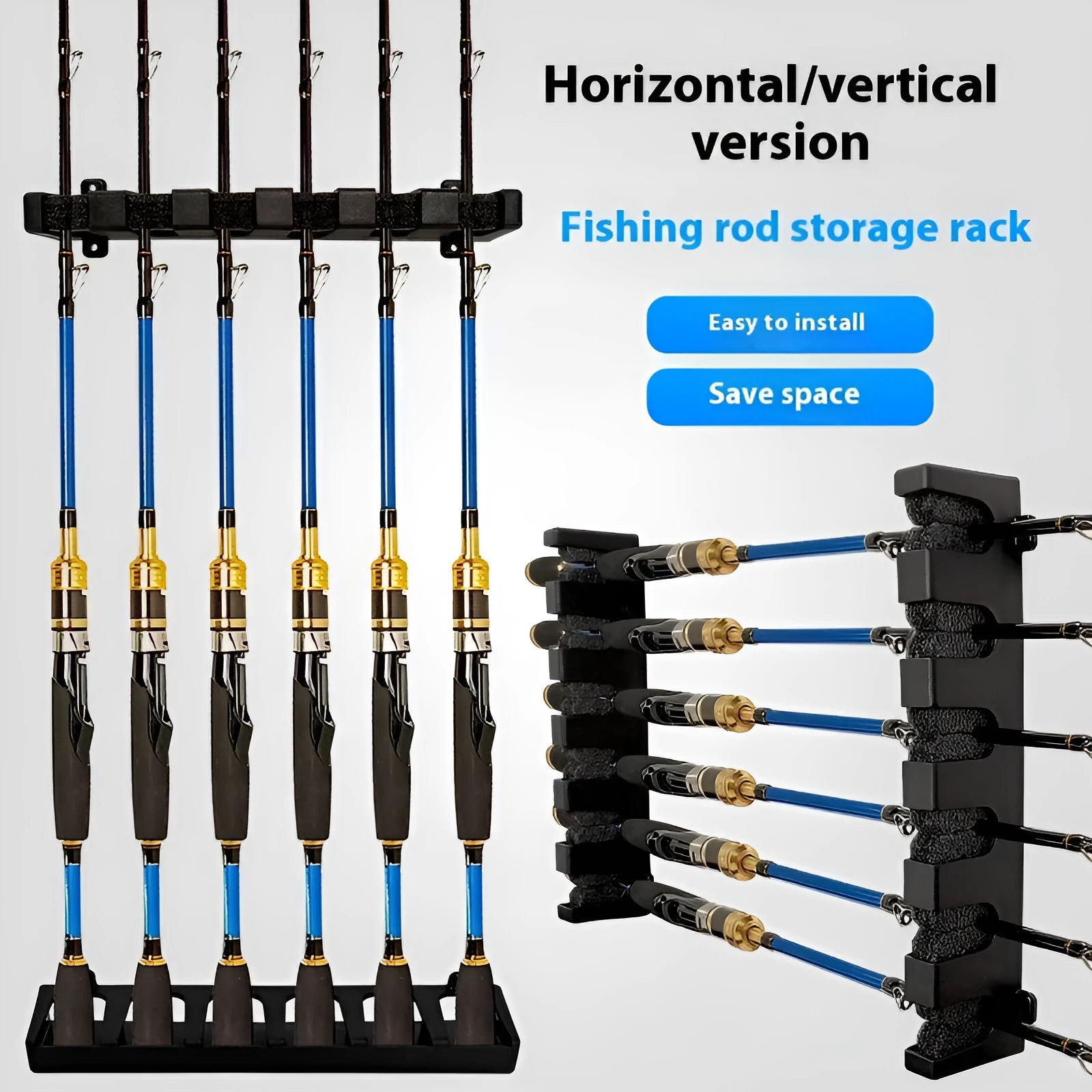 Black ABS plastic wall-mounted fishing rod storage rack with upright and horizontal mounting options