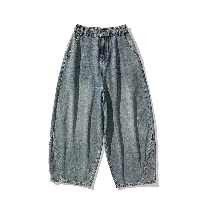 Men's plus size baggy jeans in light blue, dark blue, and black with wide leg straight cut design