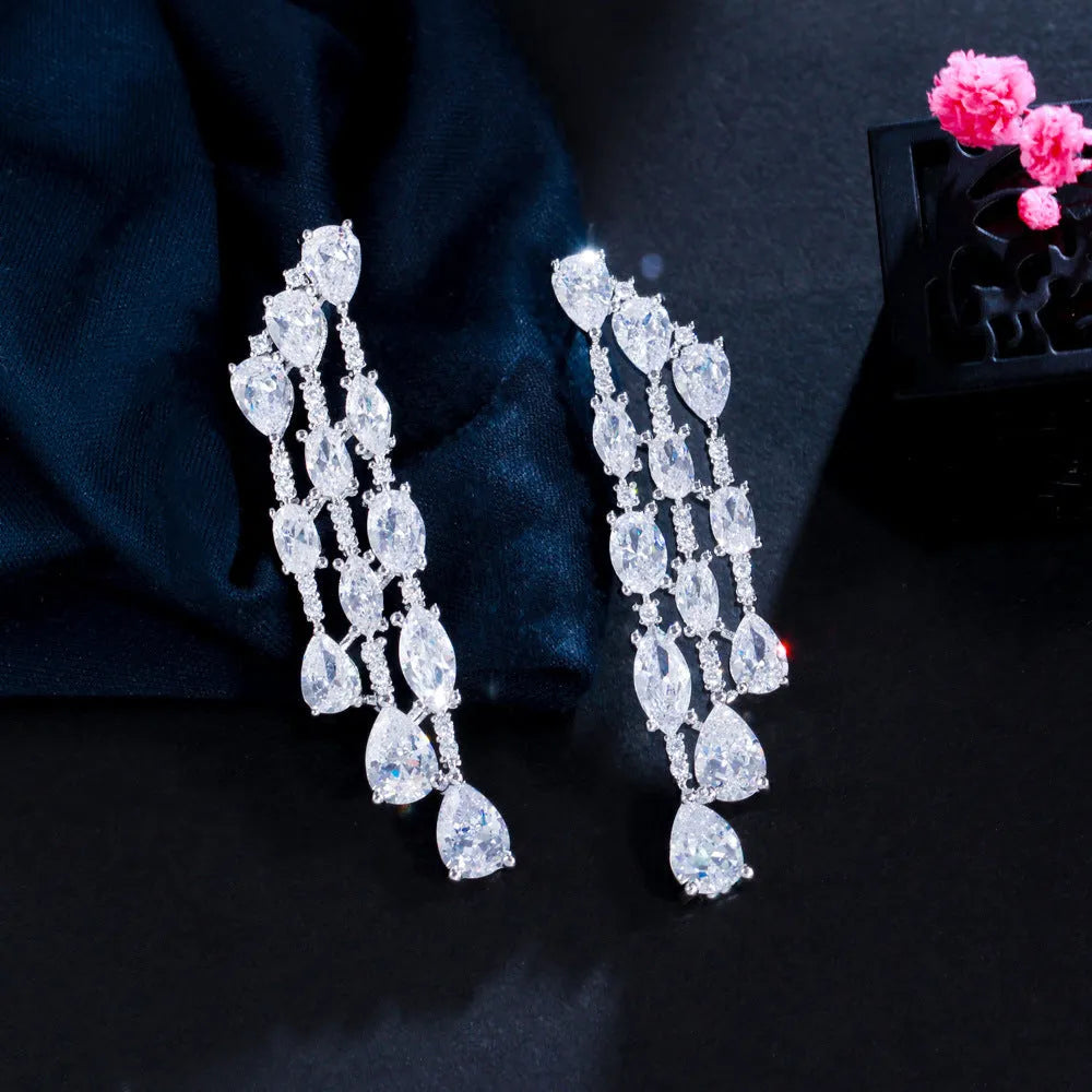Sterling silver needle teardrop earrings with full drill AAA+ zircon micro-pave setting 4.9 cm length
