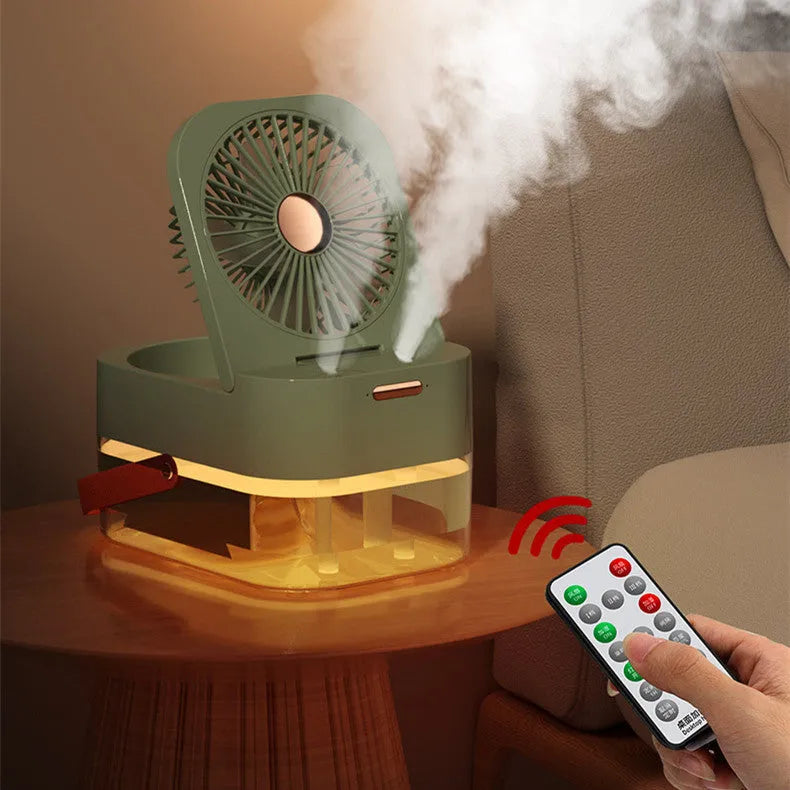 White humidifier spray fan with 2.5L water tank, dual spray ports, and night light on desktop