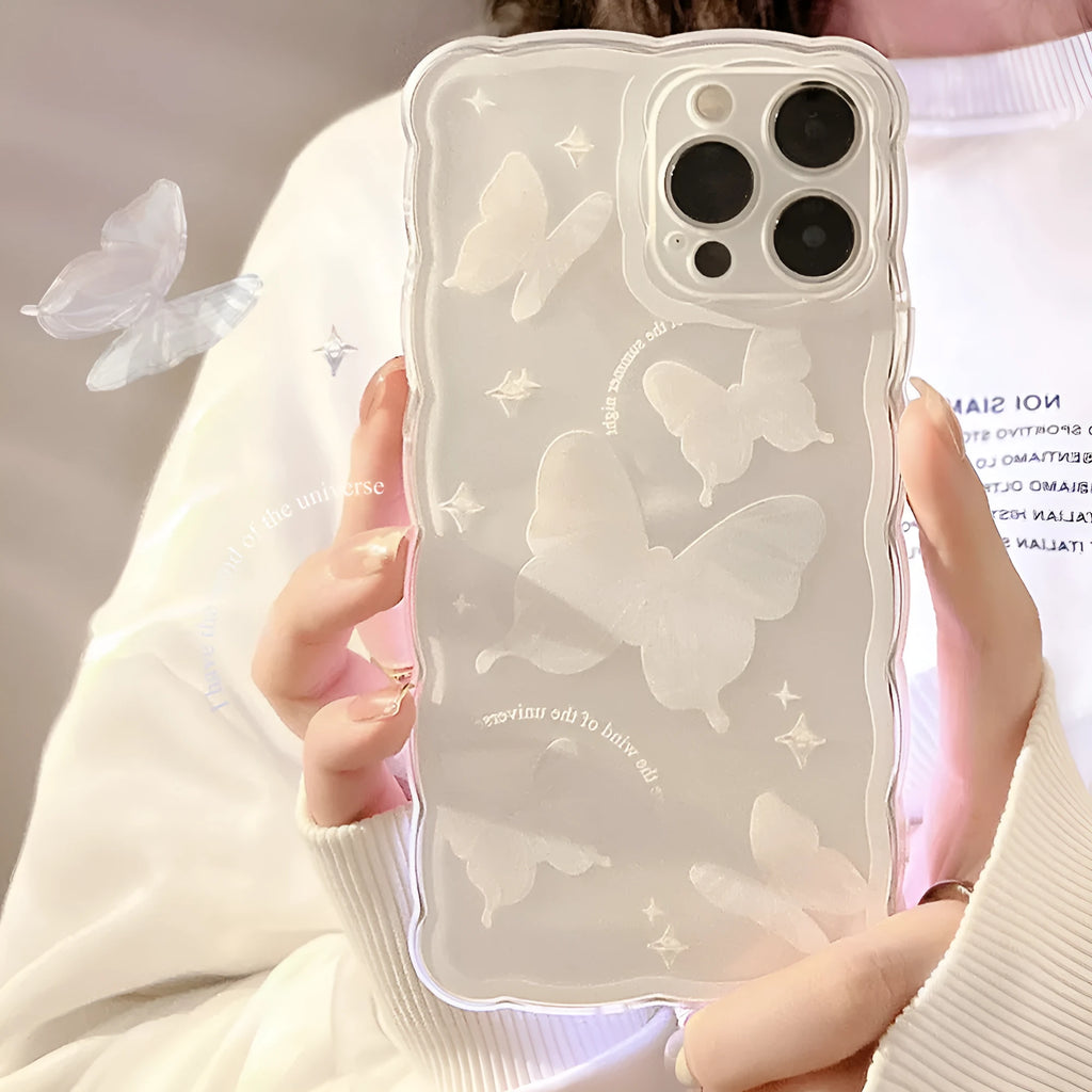 Transparent white crystal butterfly phone case in TPU for iPhone 12 to 15 models