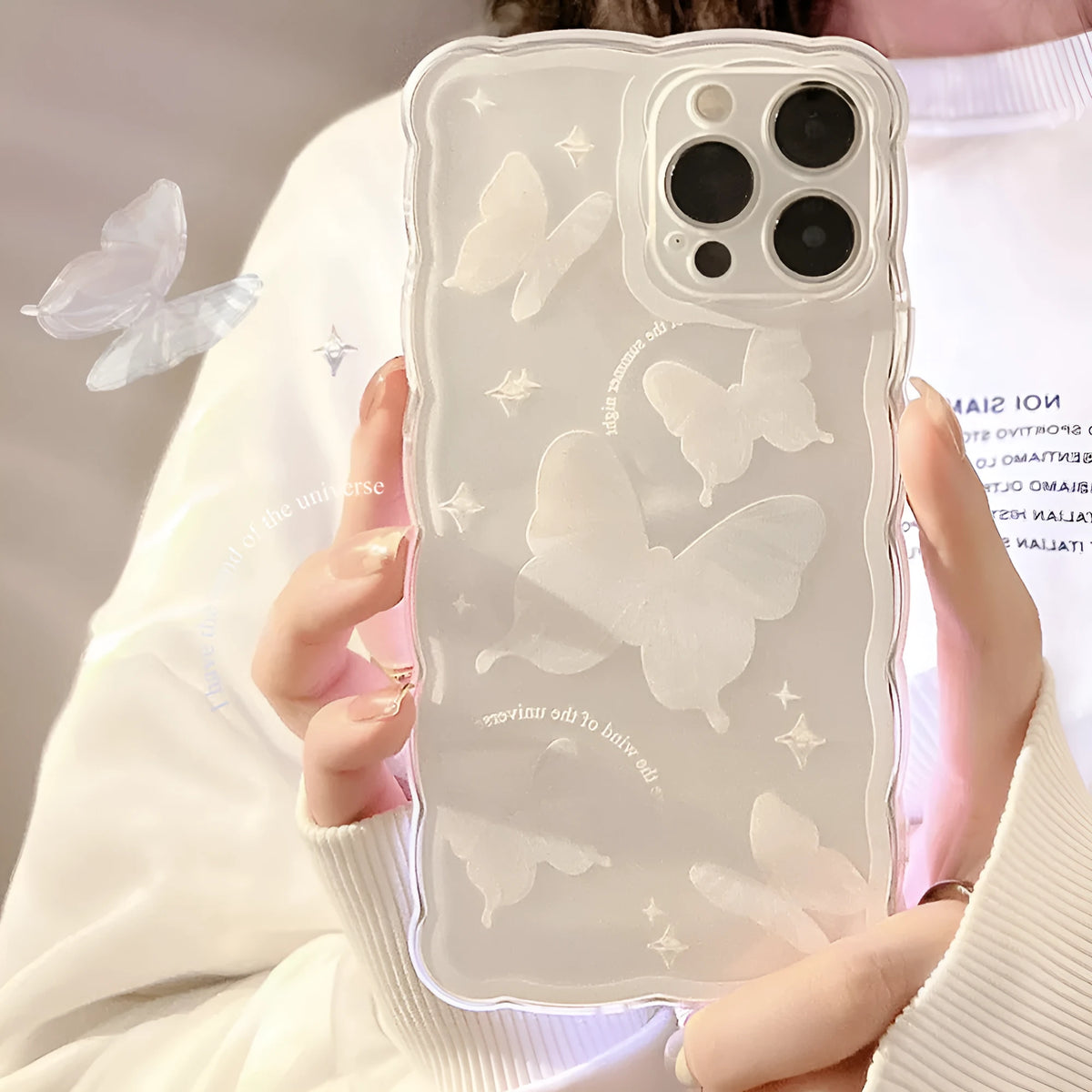 Transparent white crystal butterfly phone case in TPU for iPhone 12 to 15 models