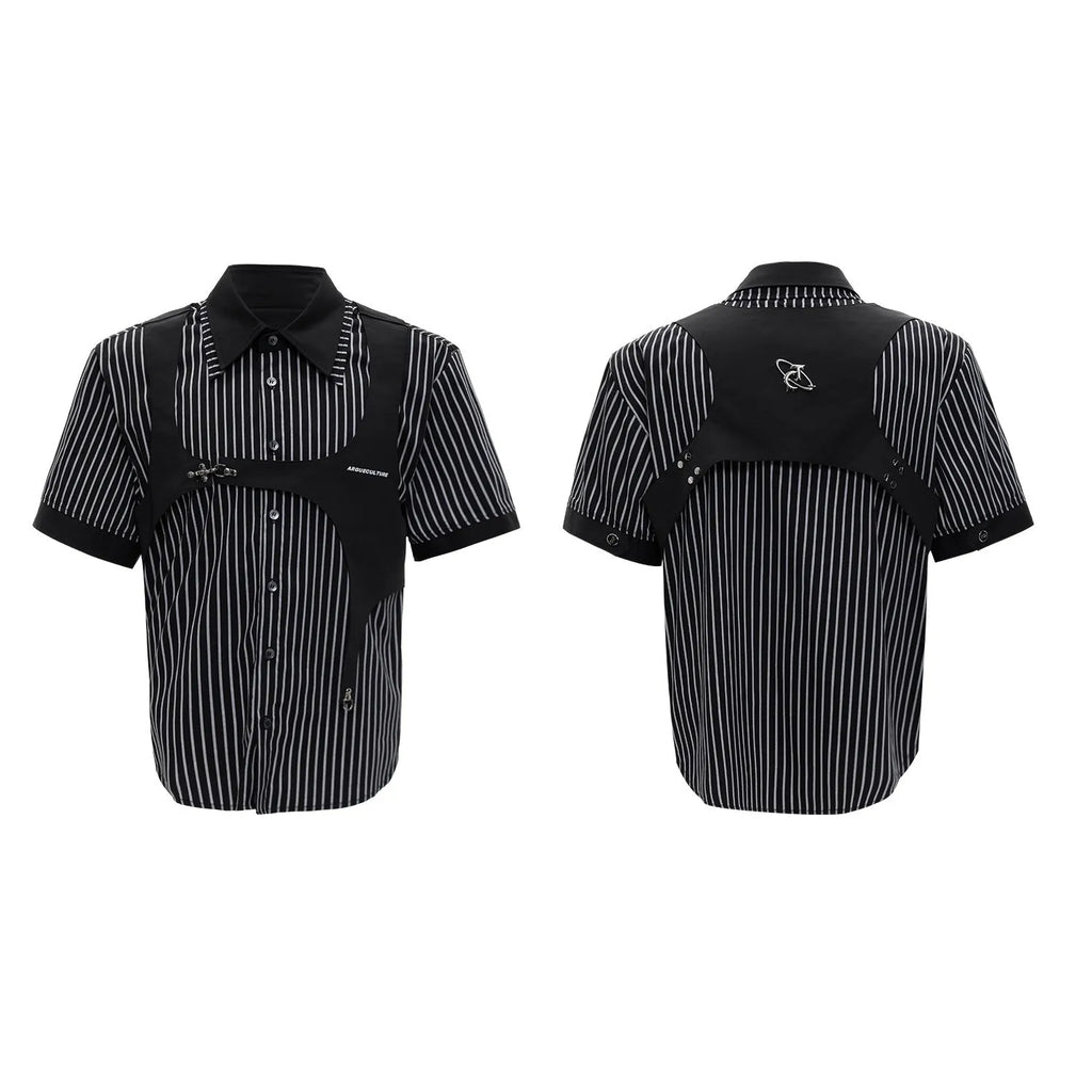 Men's black and white striped cotton short sleeve shirt with lapel collar