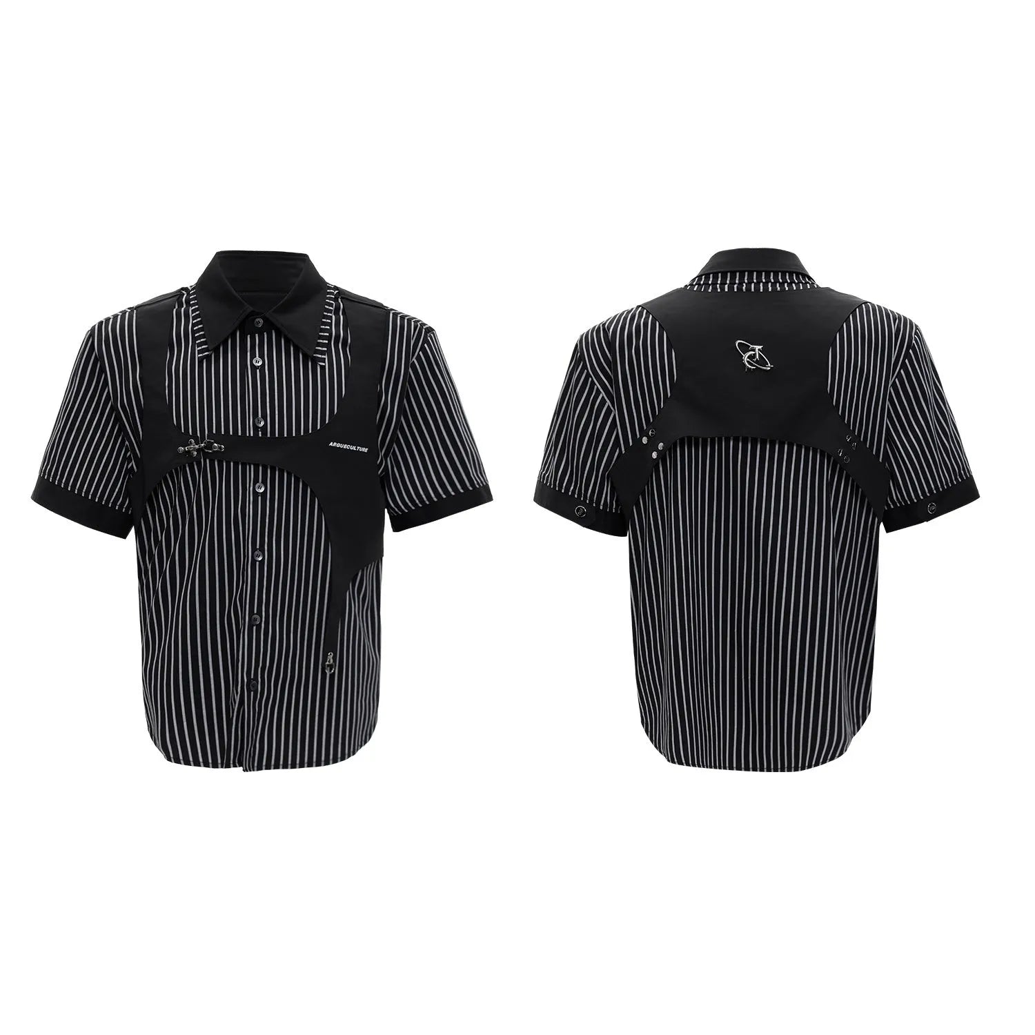 Men's black and white striped cotton short sleeve shirt with lapel collar