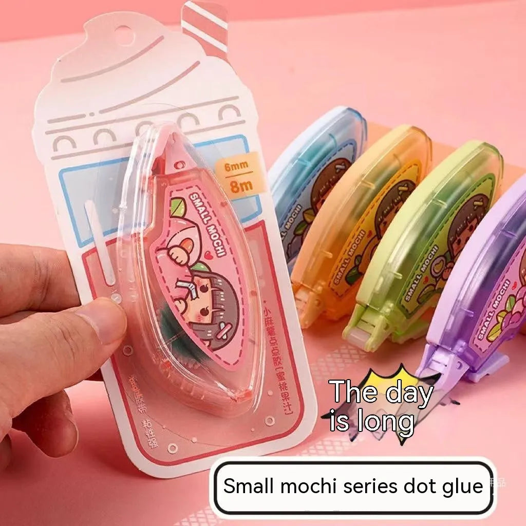 Dotting glue dispenser in fruit juice colours with traceless double-sided adhesive for stationery use