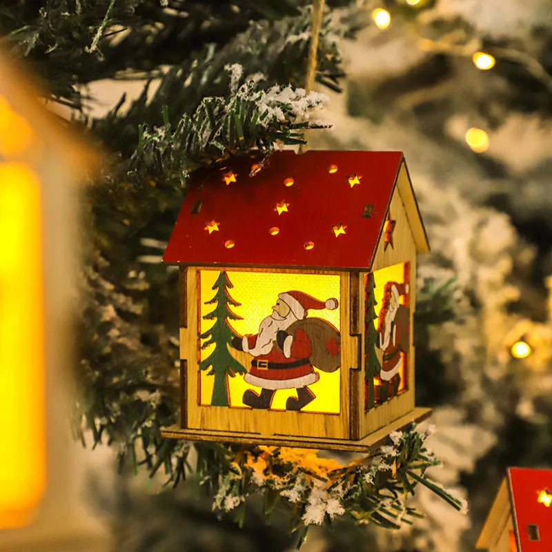 Wooden Christmas pendant with luminous glow, style option A (Elk), measuring 7cm by 7cm by 9cm