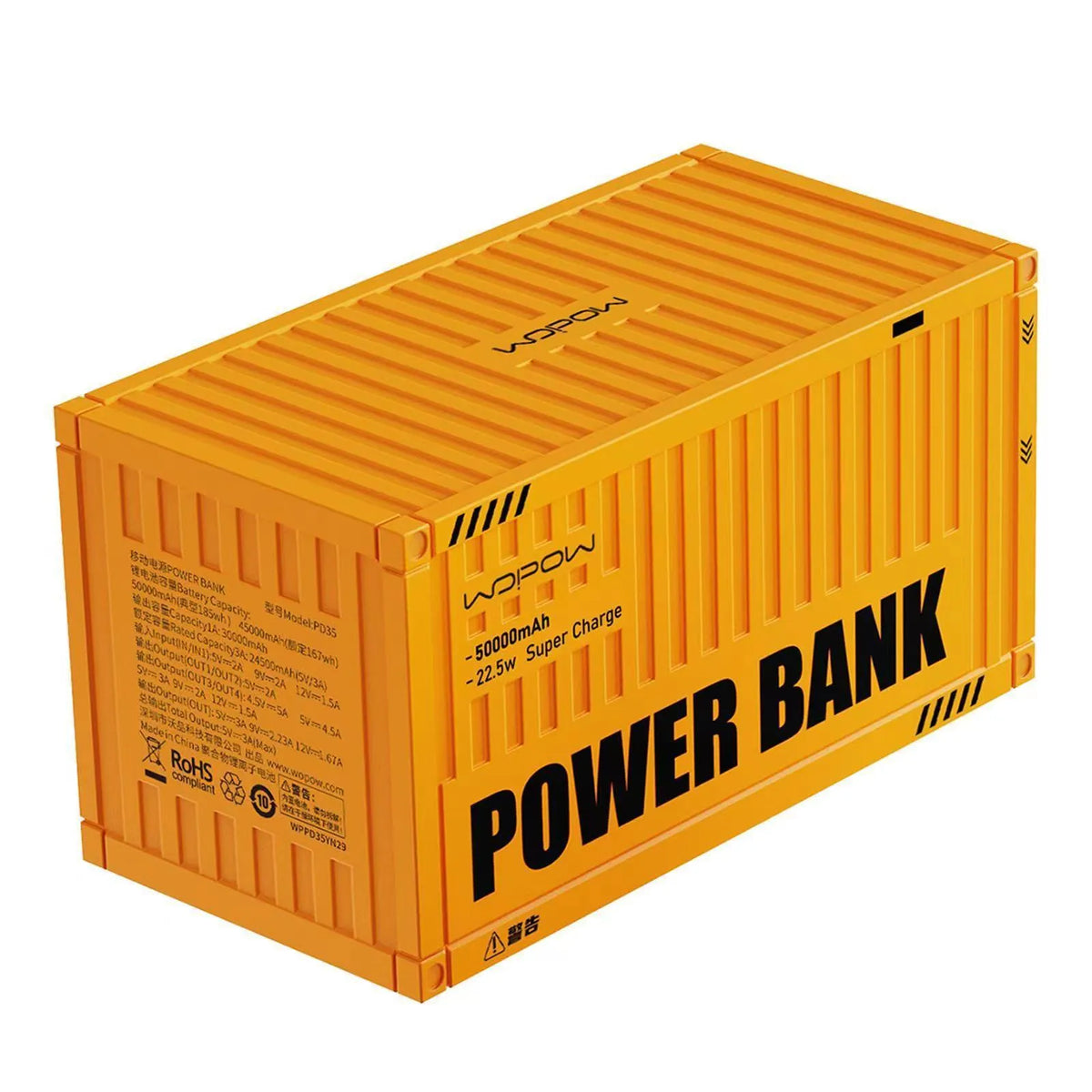 Yellow 50000mAh portable power bank with digital display showing battery percentage and five output ports.