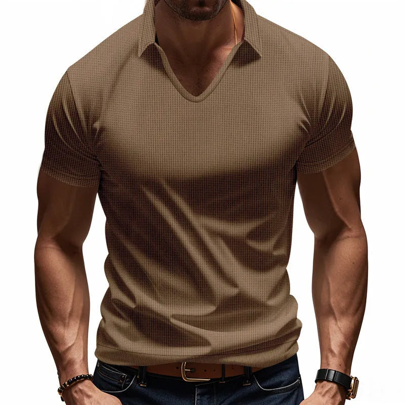 Men's loose fit V-neck T-shirt in apricot colour with short sleeves and cotton blend fabric