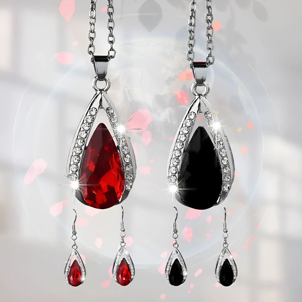 Black or red teardrop glass pendant necklace and matching earrings jewellery set