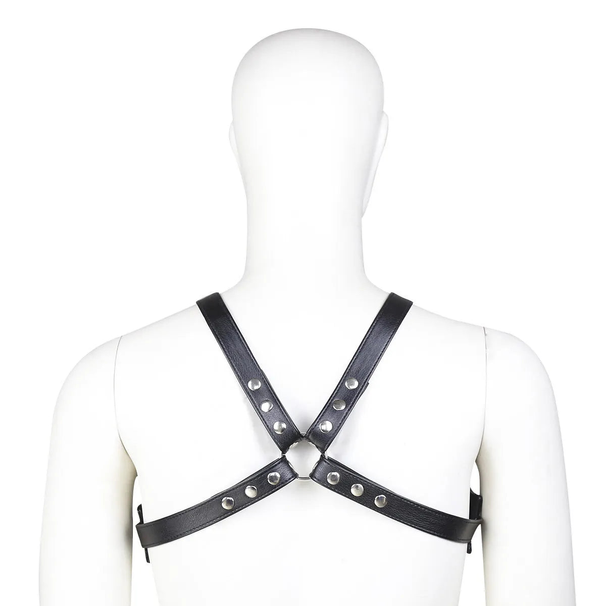 Men's black leather adjustable chest strap harness on torso