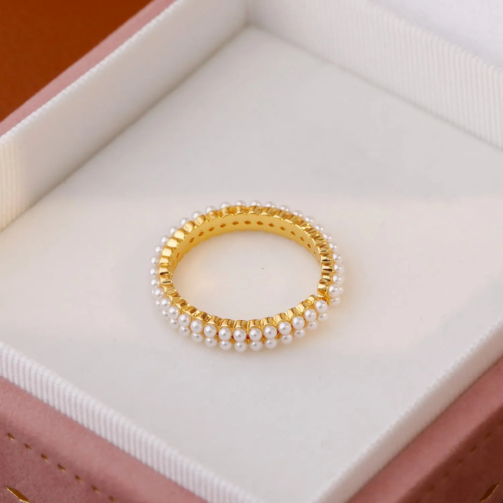 Gold geometric women's ring with a round pearl and open mouth adjustable design.