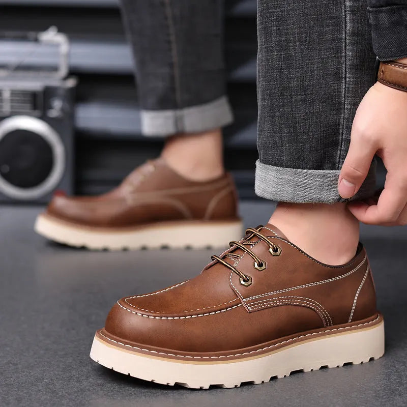 Men's black and brown Martin boots with round toe and non-slip rubber sole