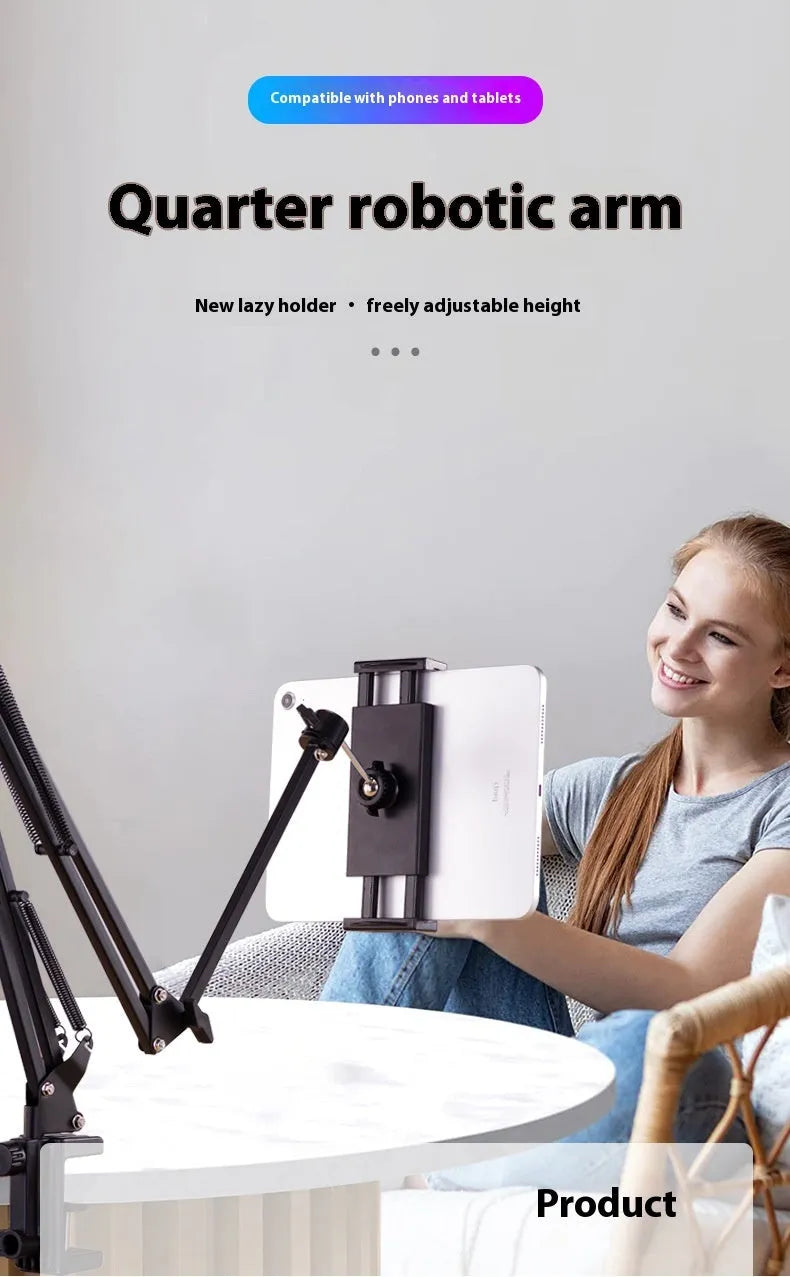 Black foldable metal desktop cantilever bracket holding a tablet, showing adjustable arm and clamp.