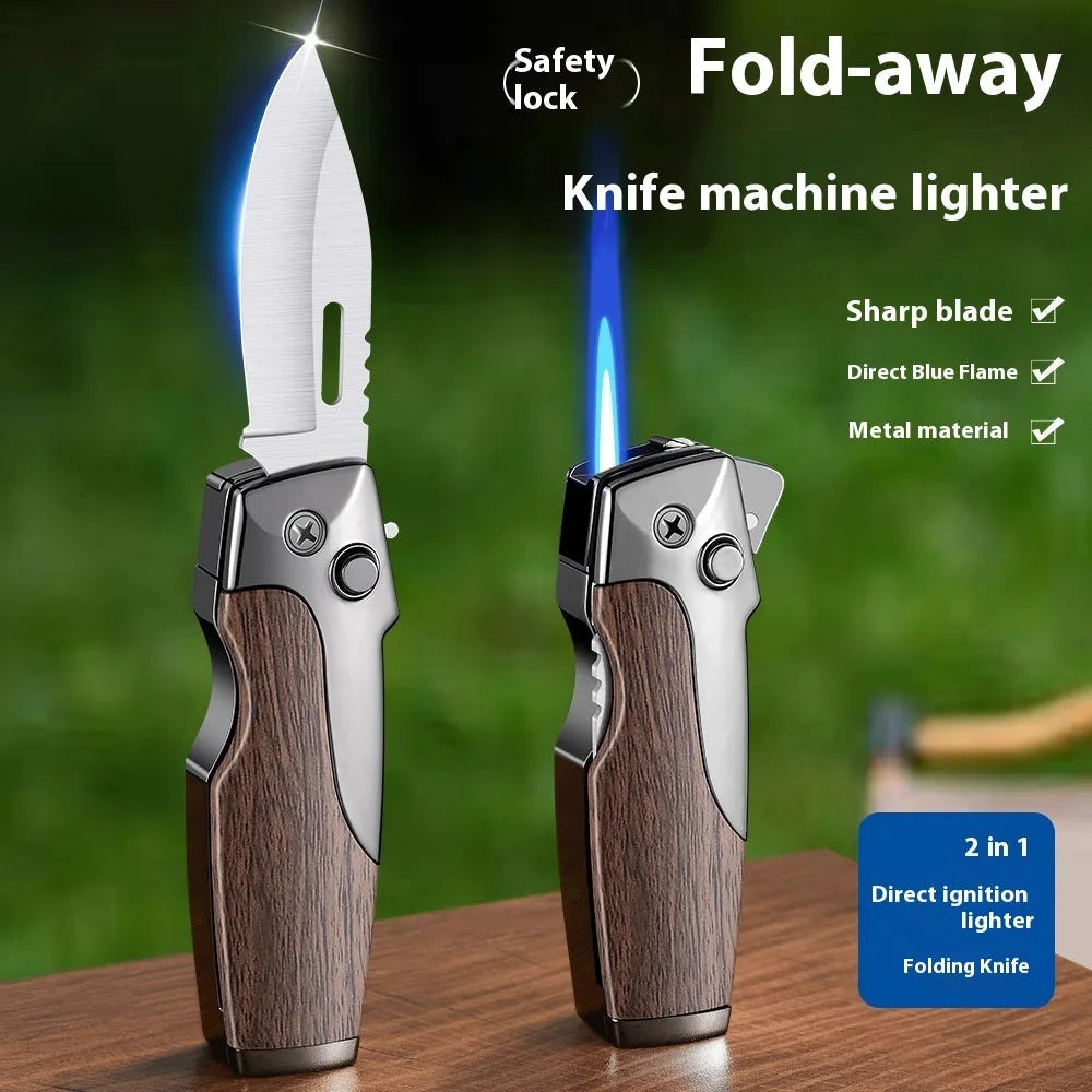 Metal folding lighter with integrated knife blade showing wood grain finish and one-click unfolding mechanism