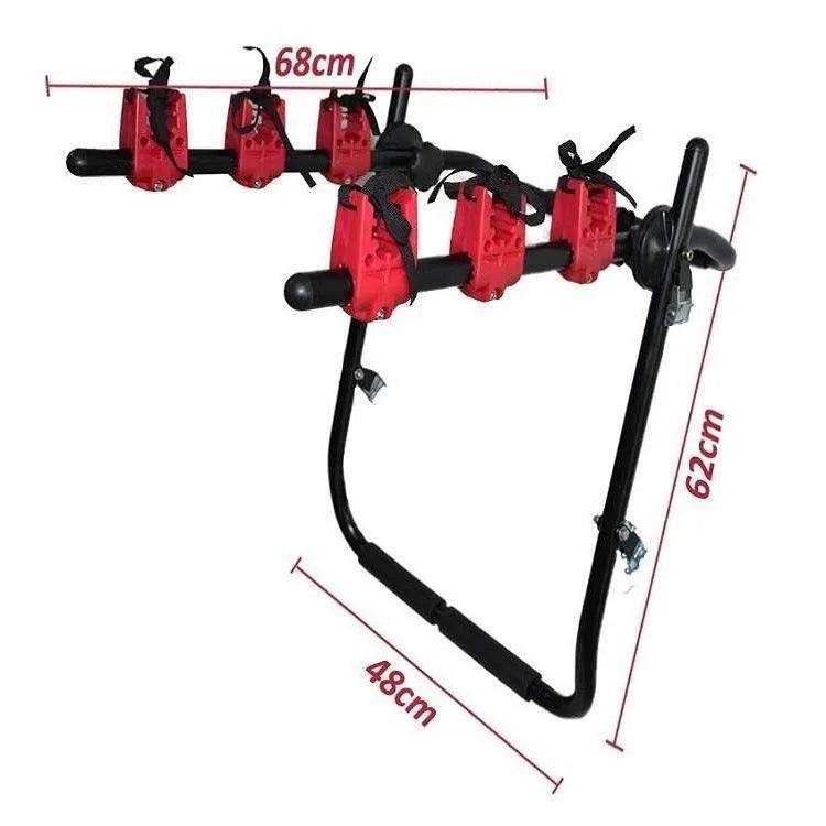 Black and red trunk mounted car bike holder rack with iron frame.