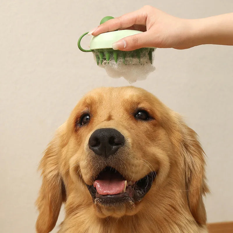 Handheld silicone pet grooming brush for hair removal and massage during bath time