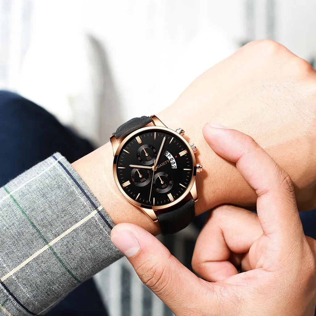 Mens classic business quartz watch with 39mm alloy case, black strap, rose gold case and hands, black face with pointer and number display