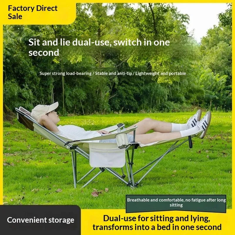 Dual-purpose outdoor office folding recliner chair in beige with steel frame and carrying handle