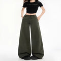 Women's Army Green denim flared overalls with loose straight-leg and ultra-low-rise waist