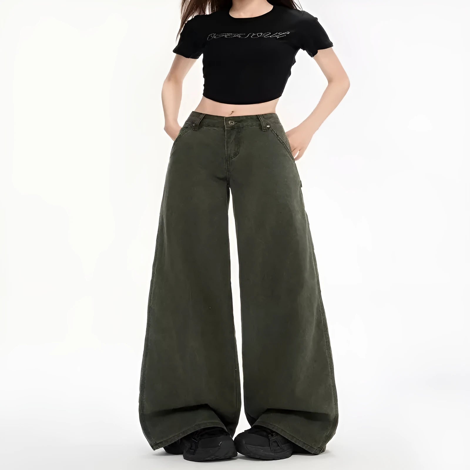 Women's Army Green denim flared overalls with loose straight-leg and ultra-low-rise waist