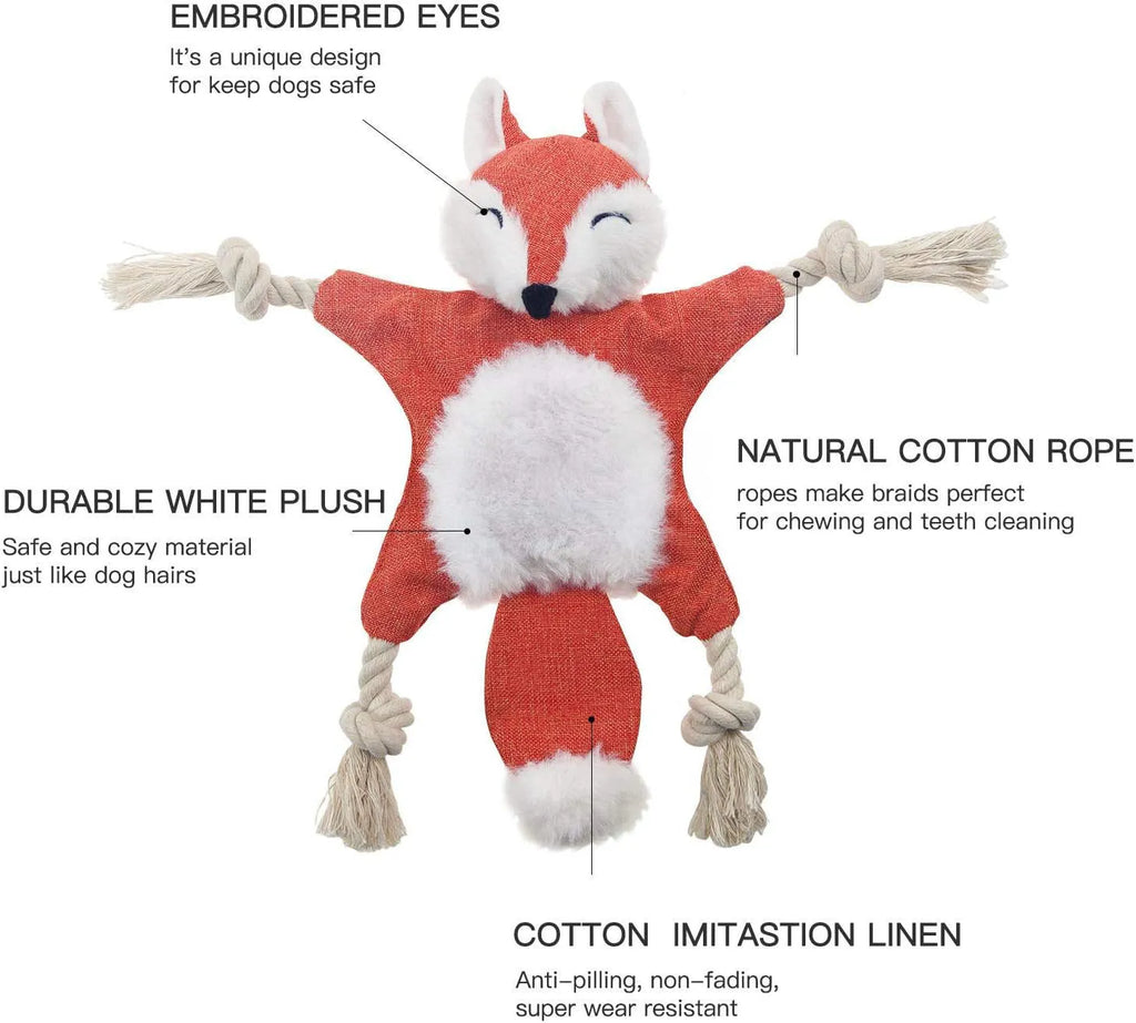 Brown fox dog toy with squeaker, crinkle paper sounds, and cotton rope arms for chewing