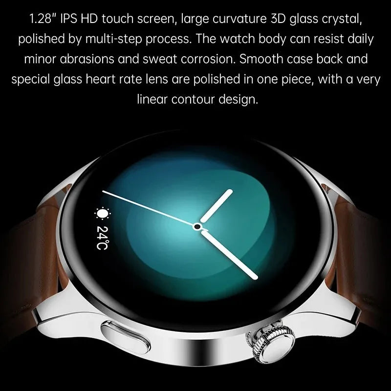 Smart watch with round colour screen showing heart rate data, with black silicone strap on a wrist.