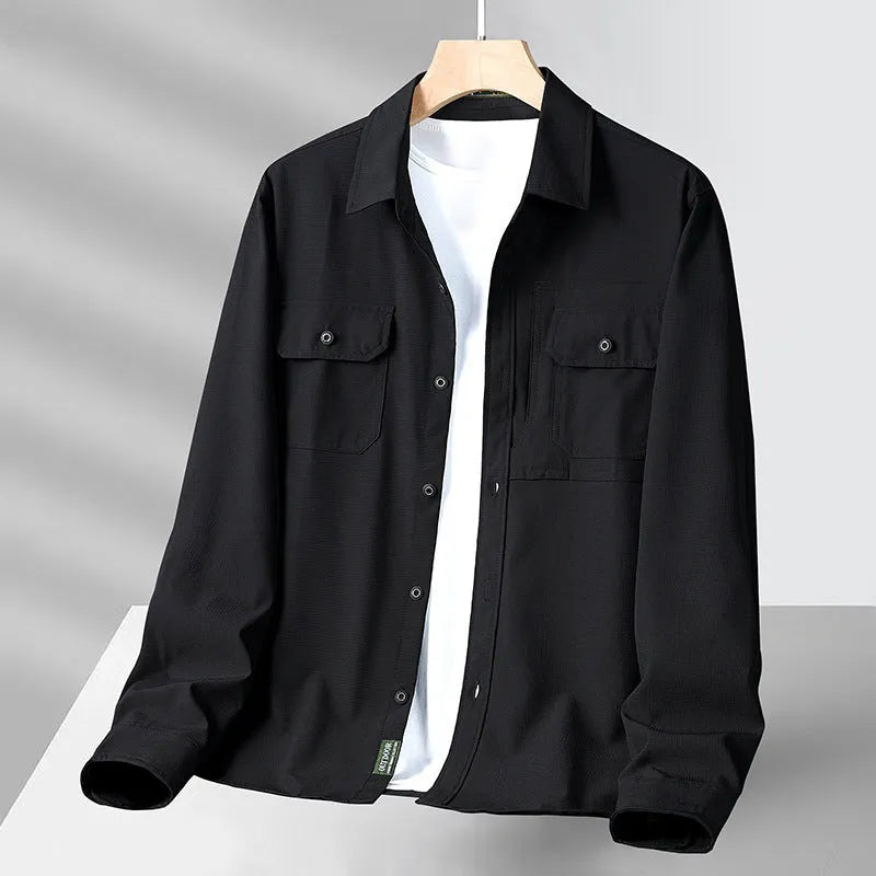 Men's casual loose long sleeve cotton shirt in solid army green, khaki, beige, or black, sizes M to 6XL