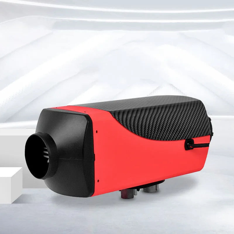 Red and black diesel air heater unit with wiring, oil pump, tank and fittings for vehicle installation.