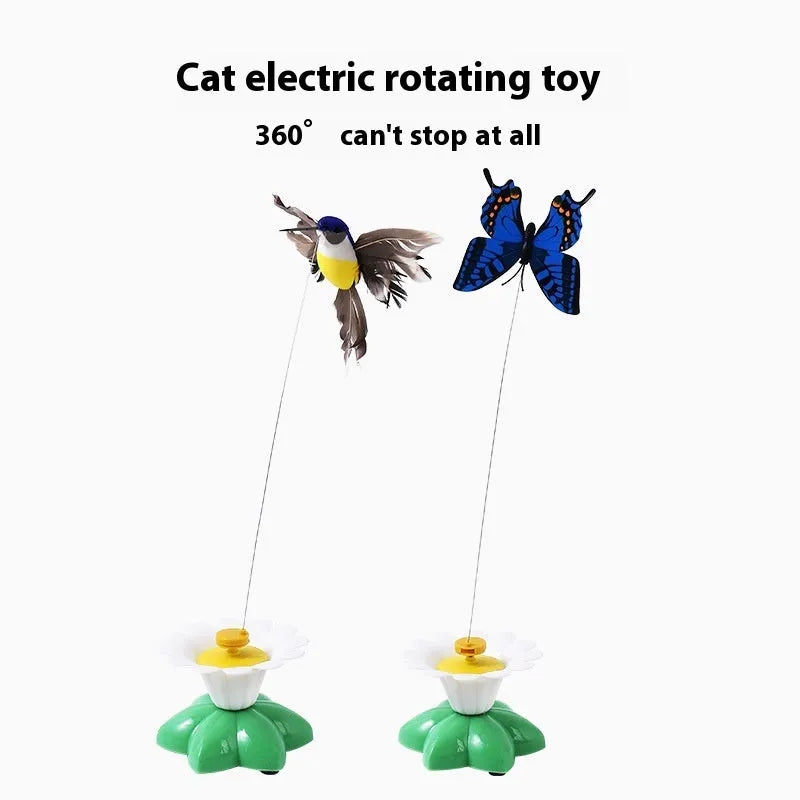 Automatic cat teaser electric rotation toy with bird and butterfly attachments, plastic construction