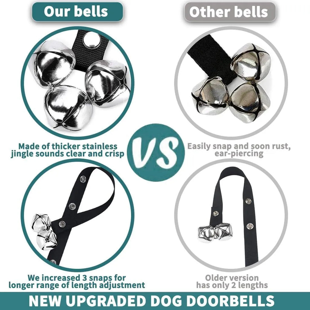 Set of six silver metal dog training bells on an adjustable black nylon leash hung on a door