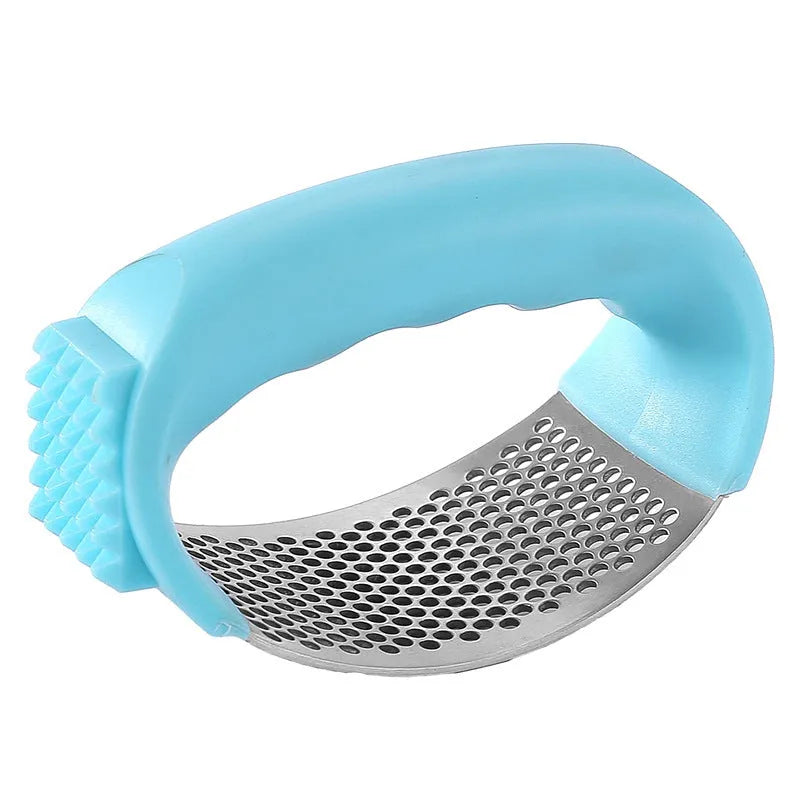Stainless steel garlic press with coloured handle in green, pink, black, or blue option