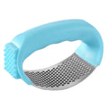 Stainless steel garlic press with coloured handle in green, pink, black, or blue option
