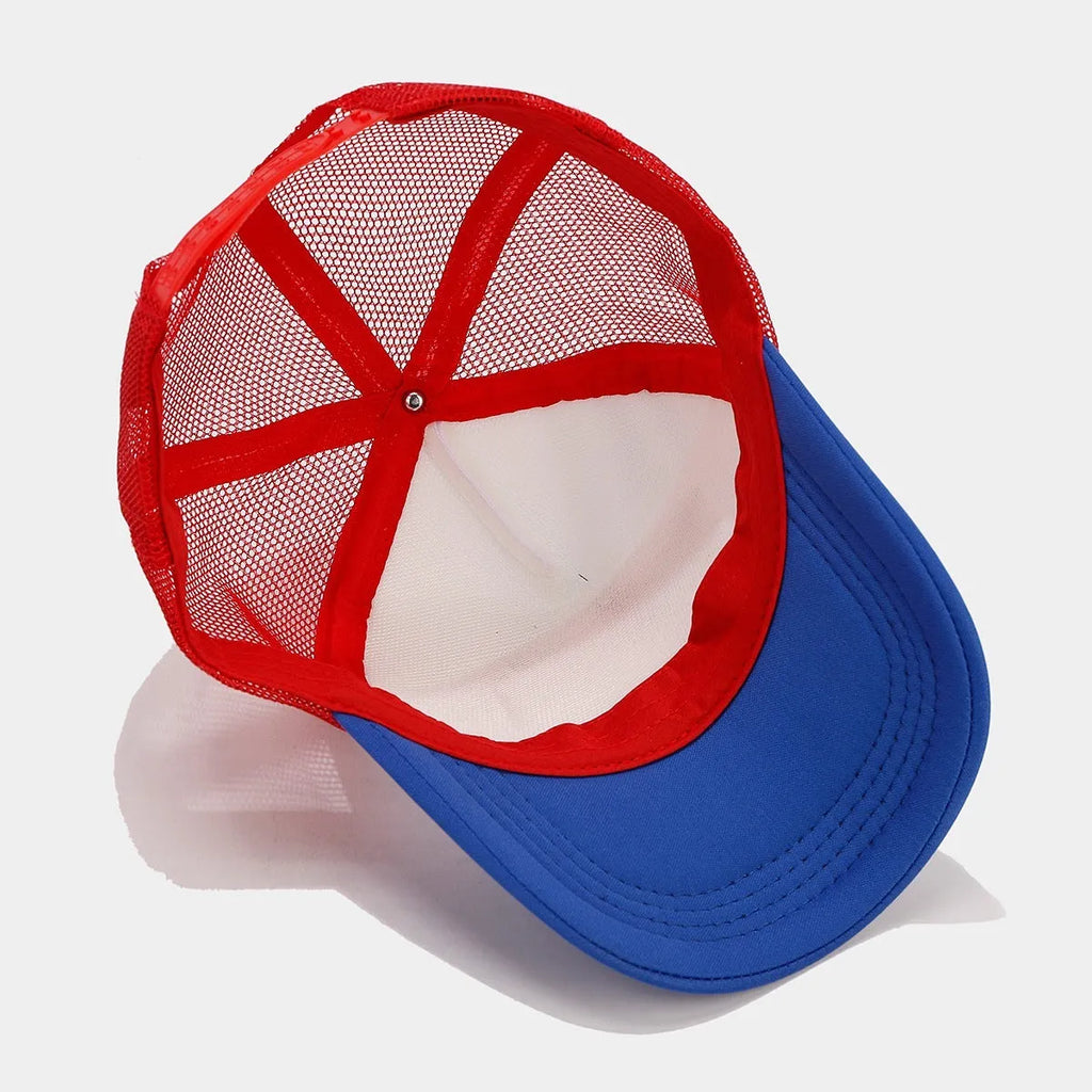 Red and blue contrast mesh baseball cap with adjustable strap and breathable space cotton fabric