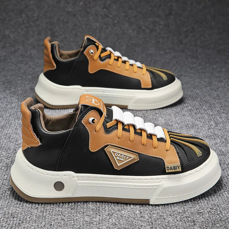 Men's beige low-top casual sneakers with elastic band and leather stitching.