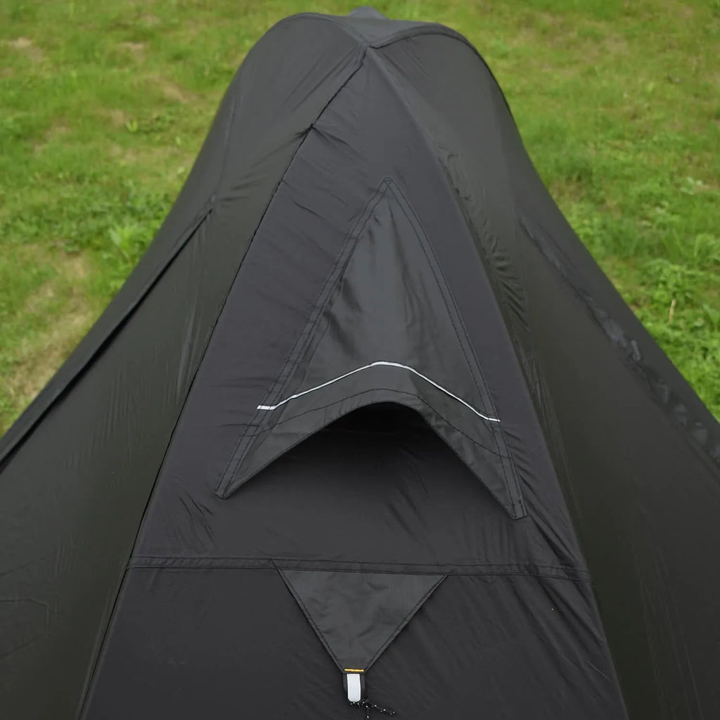 Single person camping tent with aluminium poles in black colour showing double-layer construction