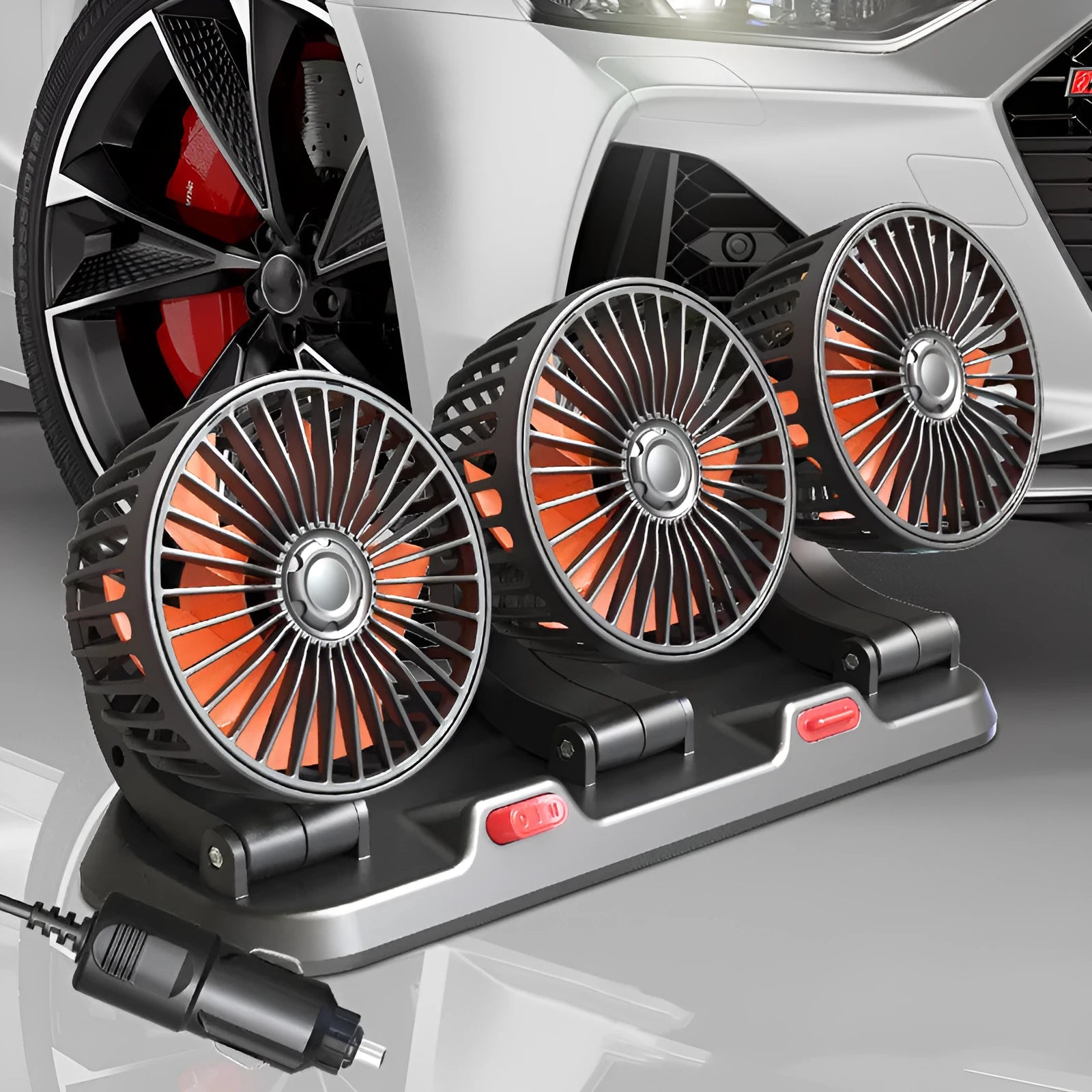 12V three-head adjustable car cooling fan with cigarette lighter plug on a 1.3m cable.