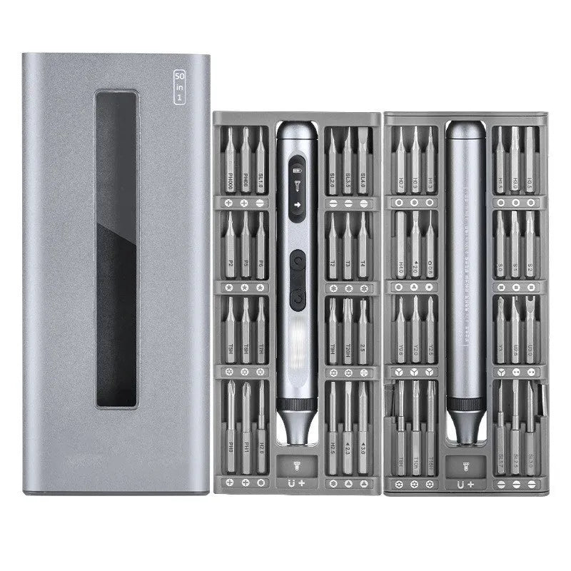 Precision electric screwdriver with aluminium alloy handle showing scale against a ruler.