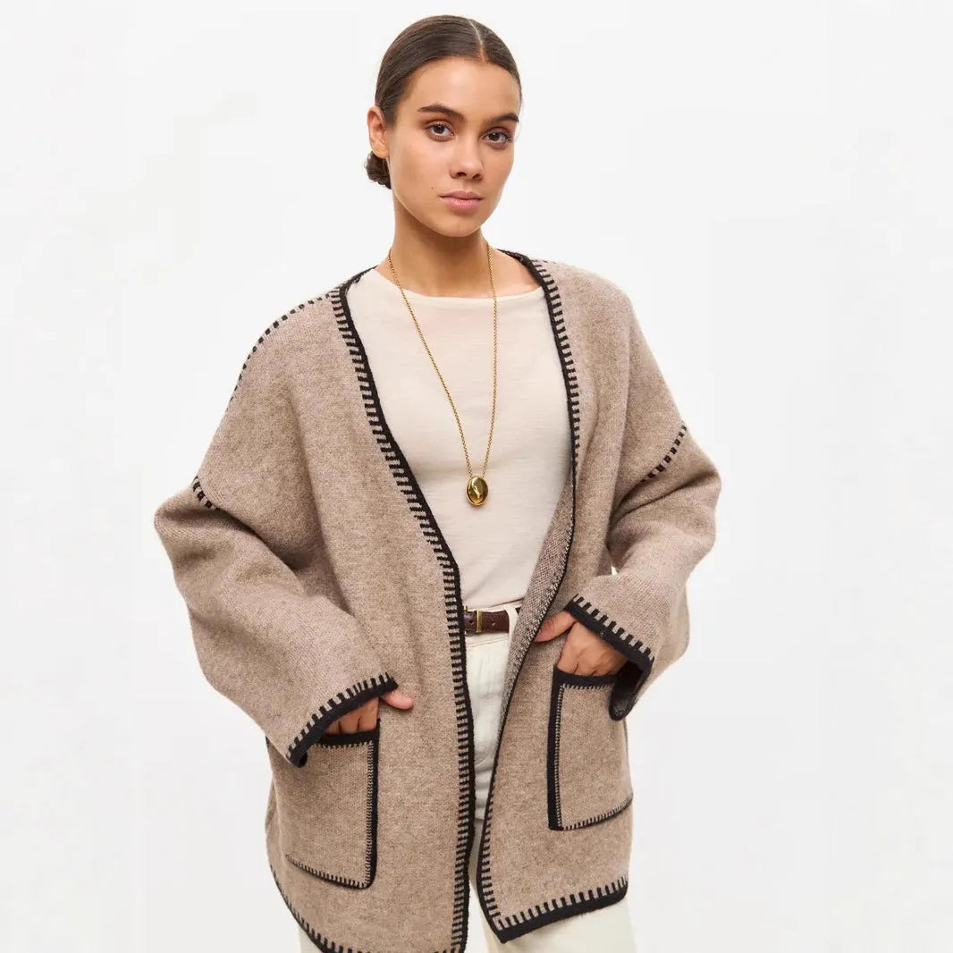 Loose fit knitted cardigan in imitation cashmere fabric, available in black, camel or white colour