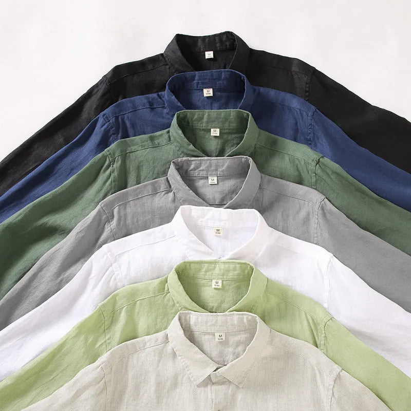 Chinese-style long sleeve linen cardigan in a loose fit, shown in a solid colour.